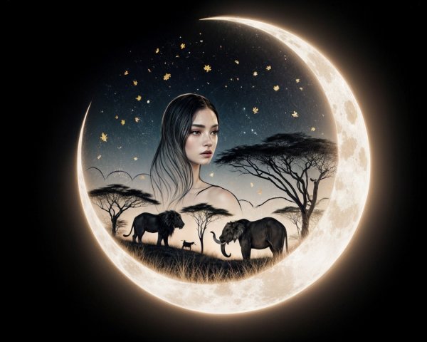 Crescent Moon Scene with Woman and Elephants
