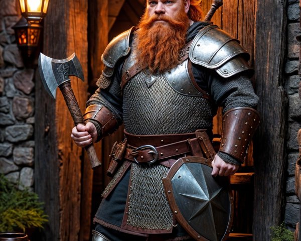 Warrior in Ornate Armor at Rustic Stone Building Entrance