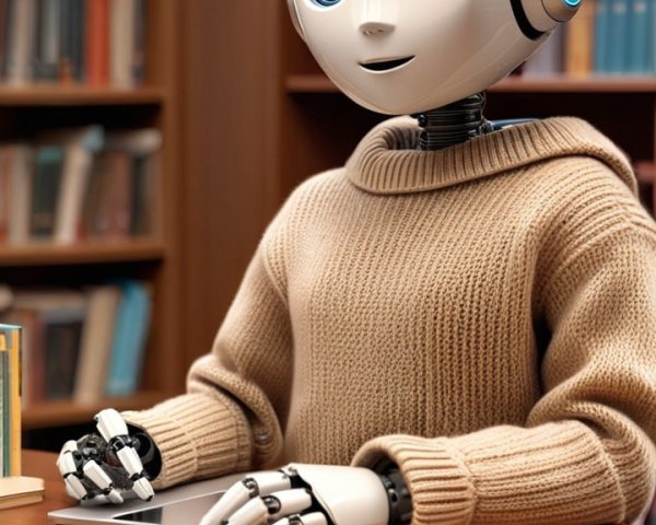 Humanoid Robot in Cozy Library Setting with Tablet