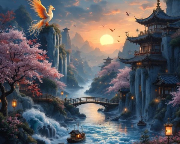 Serene Landscape with Mountains and Waterfalls at Sunset