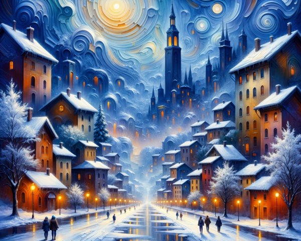 Winter Town Under Starry Sky with Snow-Covered Houses