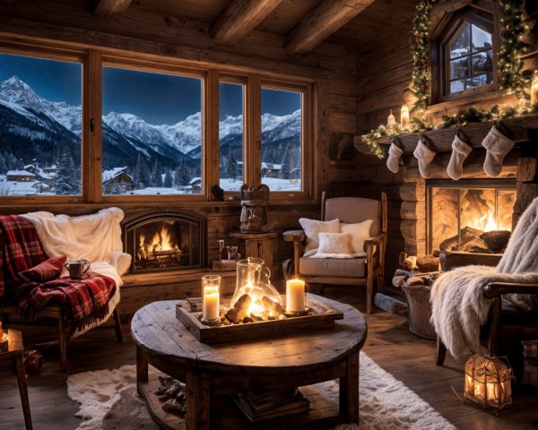Rustic Cabin Interior with Mountain View and Warmth