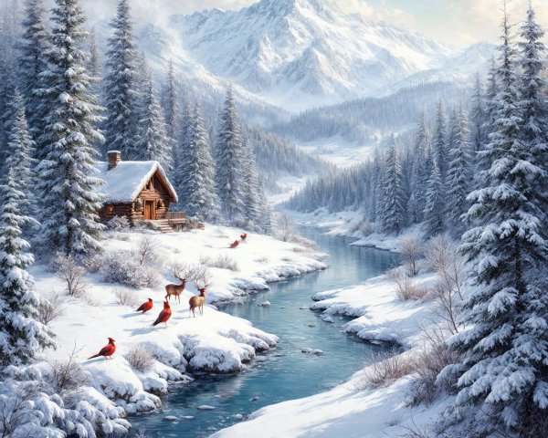 Cozy Cabin in Snowy Winter Landscape with Deer
