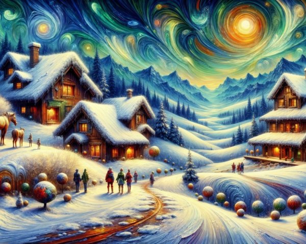 Winter Scene with Houses, Snow, and Festive Lights
