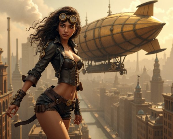 Steampunk Cityscape with Confident Young Woman and Airship