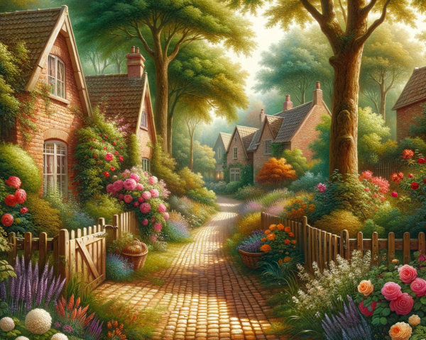 Charming Village Pathway Surrounded by Colorful Gardens