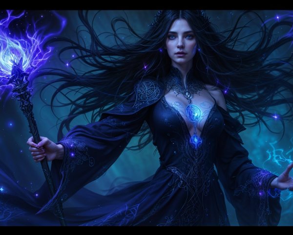 Mystical sorceress in dark realm with glowing staff