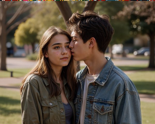 Young couple in serene outdoor setting with affection