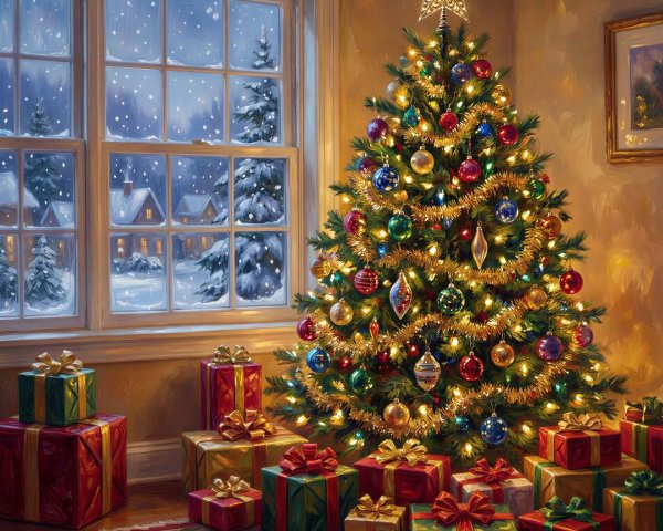 Cozy Holiday Indoor Scene with Christmas Tree and Gifts