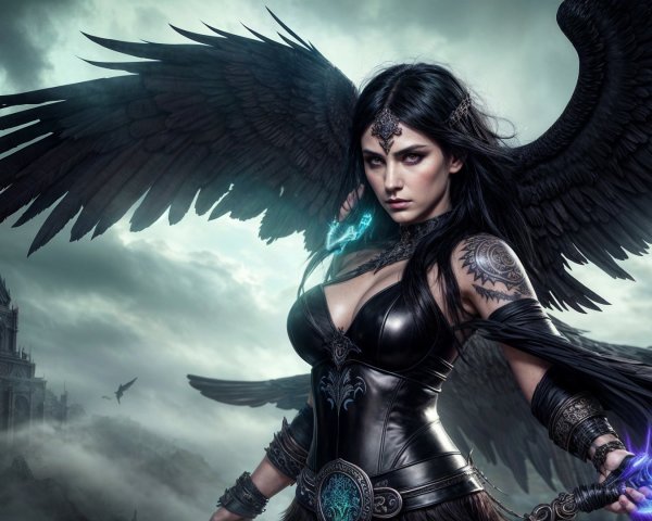 Mystical Figure with Black Wings in Dark Landscape