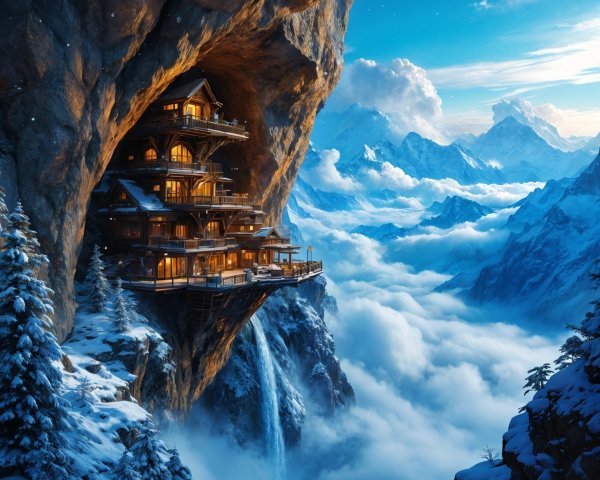 Mountain Retreat with Cliffside House and Waterfall