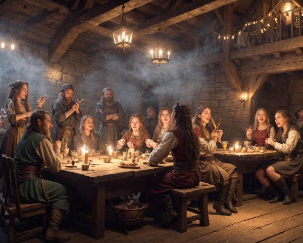 Cozy Tavern Gathering with Candlelight and Laughter