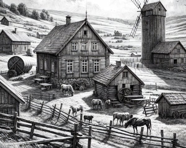 Black-and-white pastoral scene with farmhouse and animals