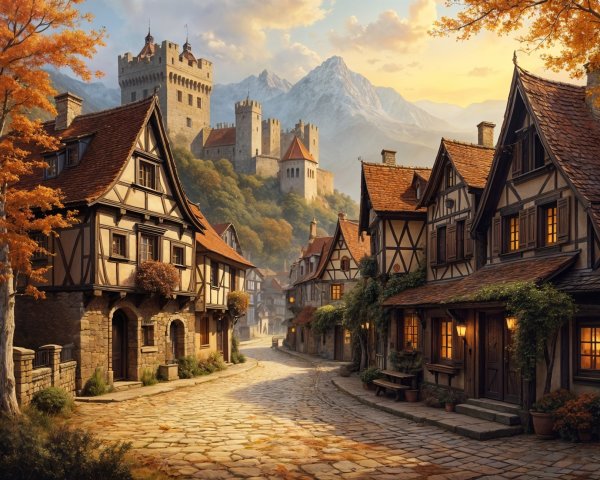 Medieval Village with Mountains and Castle Backdrop