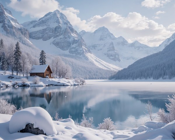 Winter Landscape with Cabin and Snowy Mountains