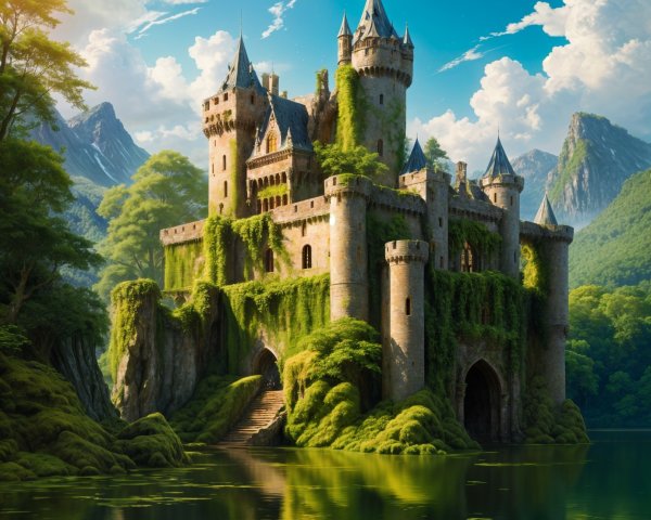 Majestic Castle Surrounded by Mountains and Nature