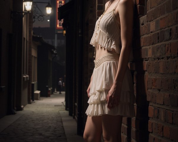 Young woman in white dress poses in dim alley