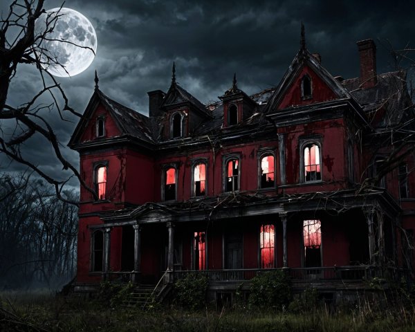 Victorian Mansion Under Stormy Sky with Eerie Details