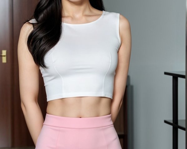 Young woman in stylish outfit in modern interior