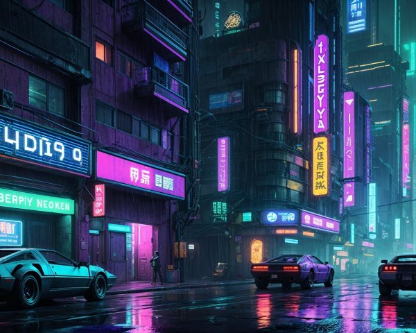 Futuristic Night Cityscape with Neon Lights and Cars