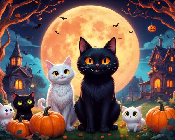 Whimsical Halloween Scene with Adorable Cats and Pumpkins