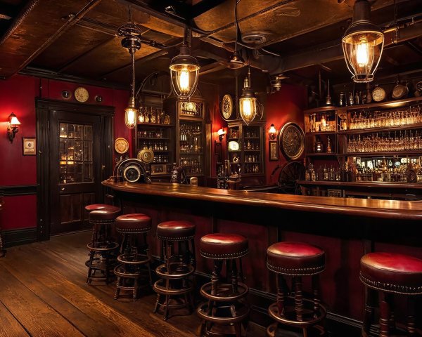 Steampunk Bar with Dark Wood and Red Accents