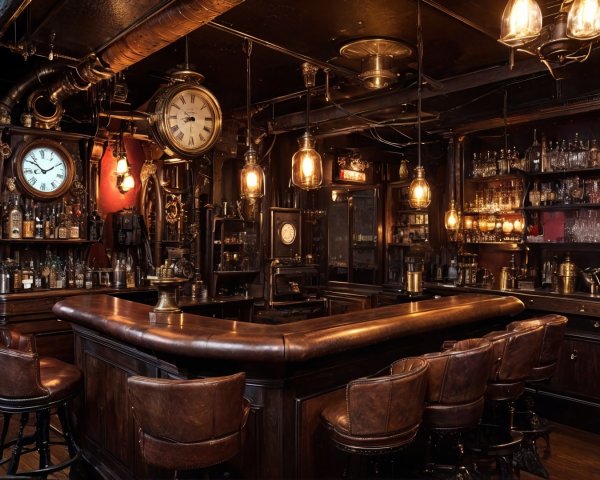 Vintage Bar with Wooden Furnishings and Leather Stools