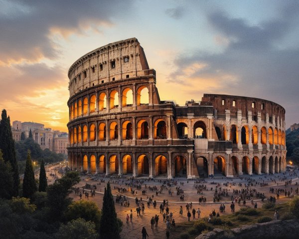 Colosseum in Rome at Sunset with Visitors and Trees