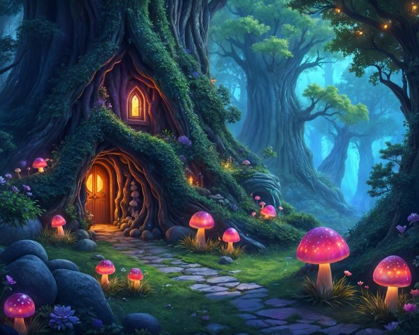 Whimsical Treehouse in a Mystical Forest Landscape