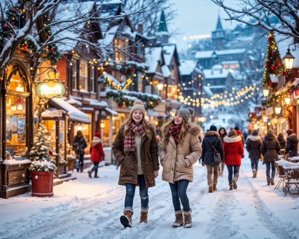 Snowy Village with Holiday Decorations and Festive Atmosphere