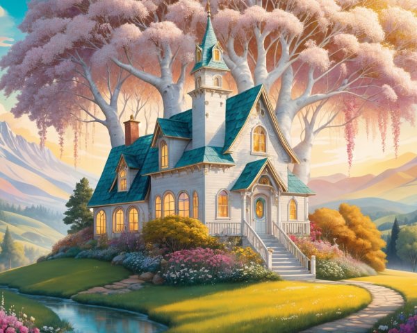 Whimsical House in a Vibrant Garden Landscape