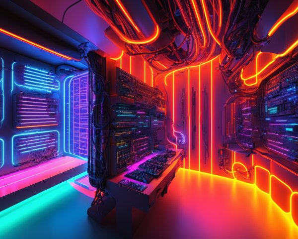 Futuristic Room with Neon Lights and Circuit Boards