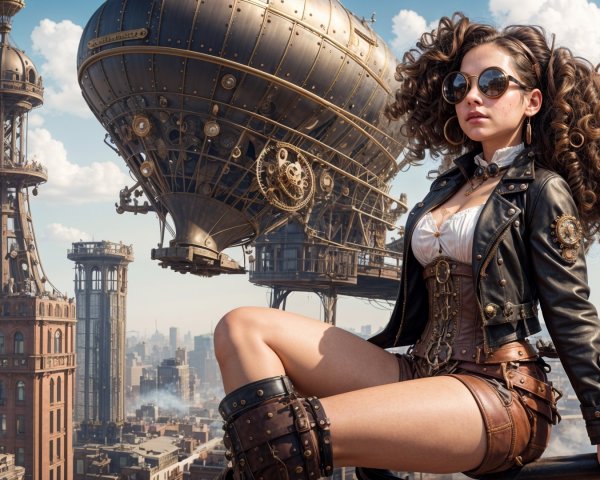Steampunk Scene with Confident Woman on Rooftop