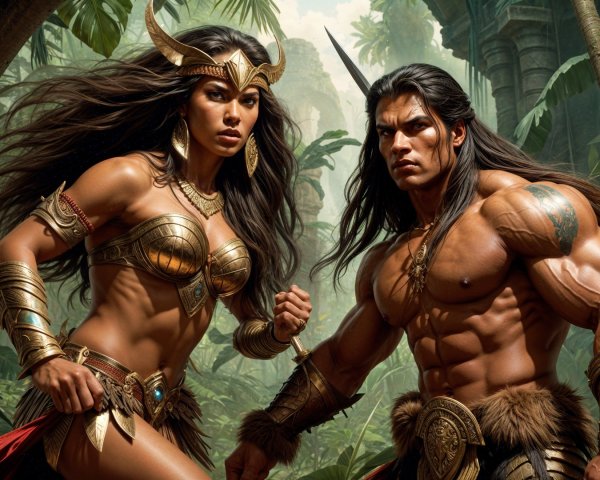 Warrior Duo in Lush Jungle Setting with Armor and Accessories