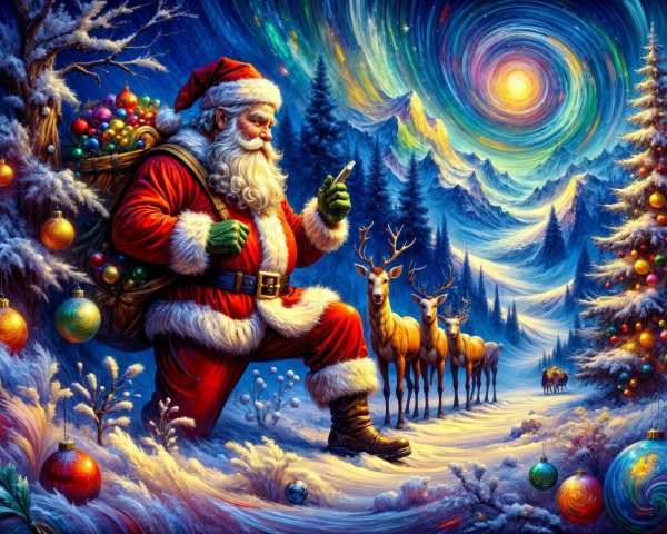 Whimsical Winter Scene with Santa Claus and Reindeer