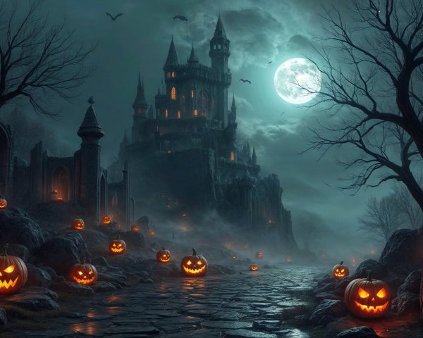Gothic Castle in Eerie Halloween Landscape at Night