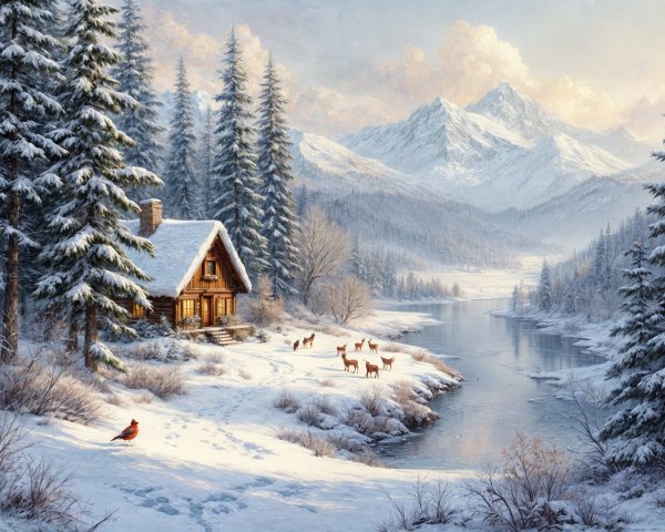 Winter Landscape with Cabin and Grazing Deer