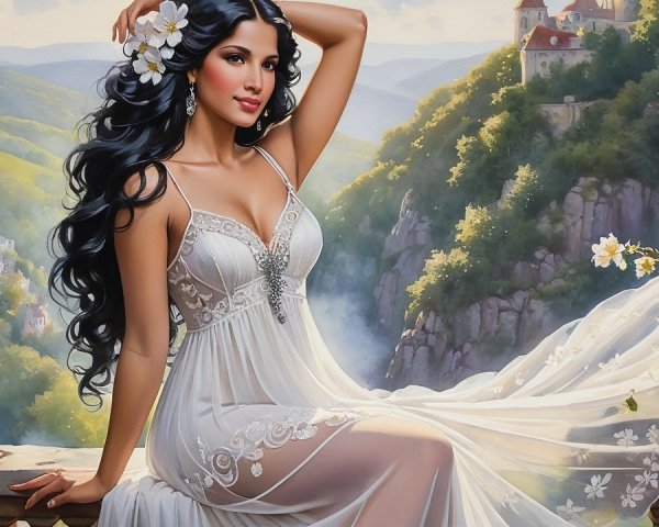 Elegant Woman in Sheer White Gown Amid Scenic Landscape