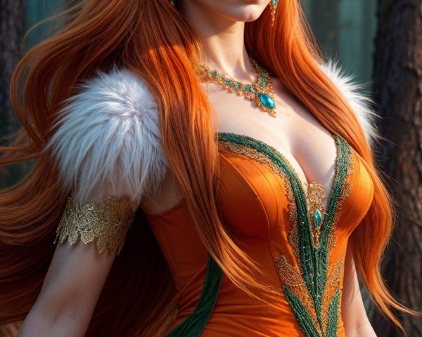Young woman with amber hair in a forest setting