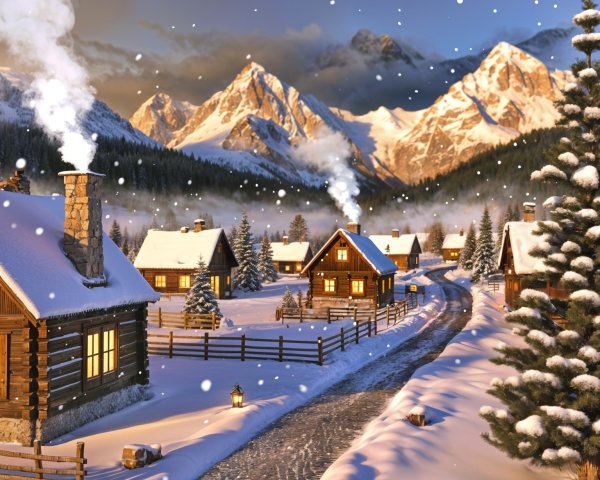 Winter Village Surrounded by Snow-Covered Mountains