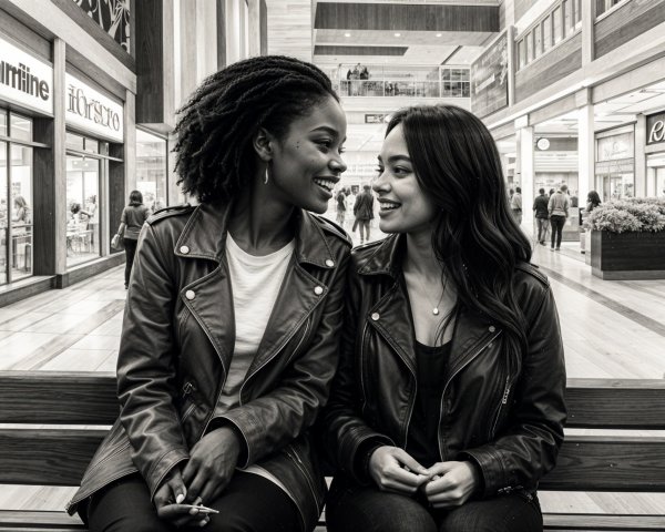 Young Women in Black Jackets at a Busy Mall Bench