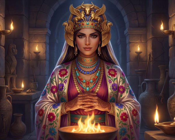 Beautiful woman in purple dress with intricate cloak