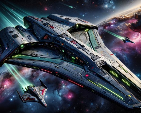 Futuristic spacecraft in vibrant cosmic landscape