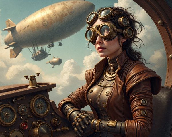 Steampunk Scene with Woman at Control Panel and Airship