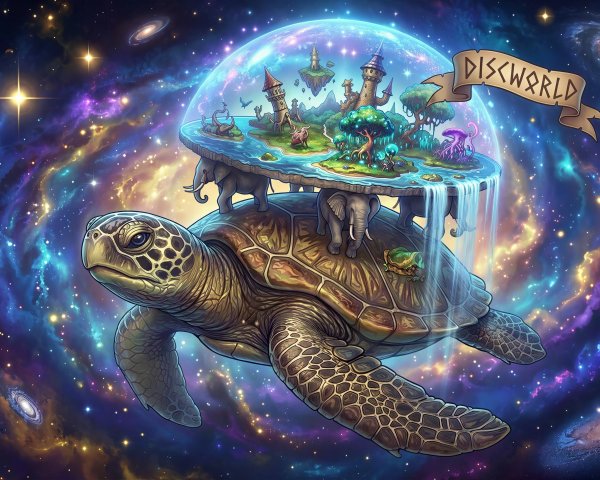 Brown Turtle Floating in a Star-Filled Galaxy Scene