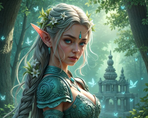 Mystical elf in lush forest with ancient temple backdrop