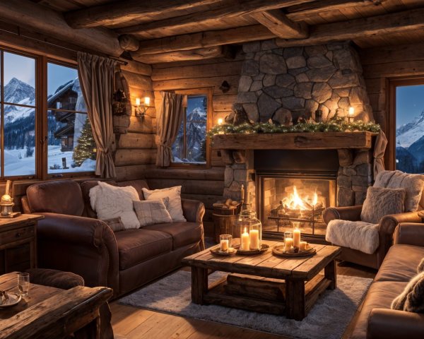 Cozy Log Cabin Living Room with Stone Fireplace