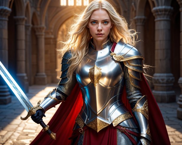 Warrior in Silver Armor in Ancient Stone Hall