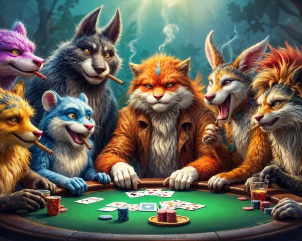 Anthropomorphic Animals Playing Poker in Forest Setting