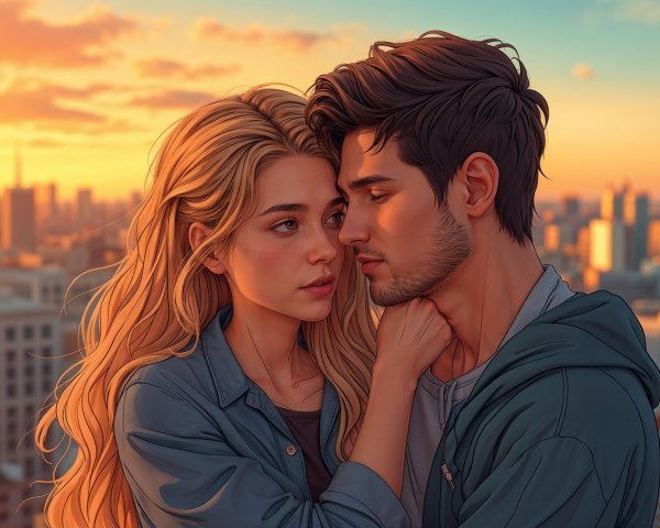 Young Couple on Rooftop at Sunset with City Skyline